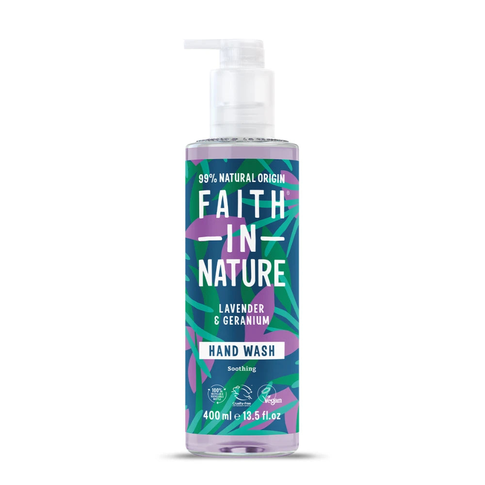 Bottle of Faith in Nature Lavender & Geranium hand wash on a white background