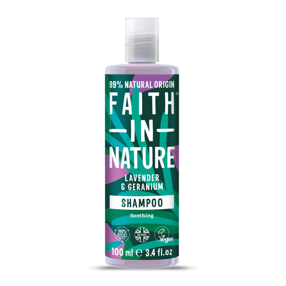 Bottle of Faith in Nature Lavender & Geranium Shampoo on a white background