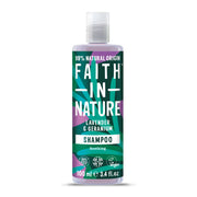 Bottle of Faith in Nature Lavender & Geranium Shampoo on a white background