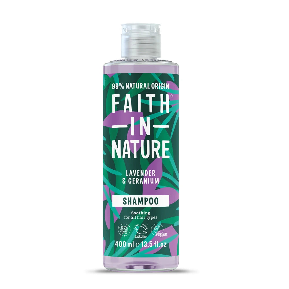 Bottle of Faith in Nature lavender and geranium shampoo on a white background