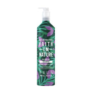 Bottle of Faith in Nature shampoo with leaf design on a white background