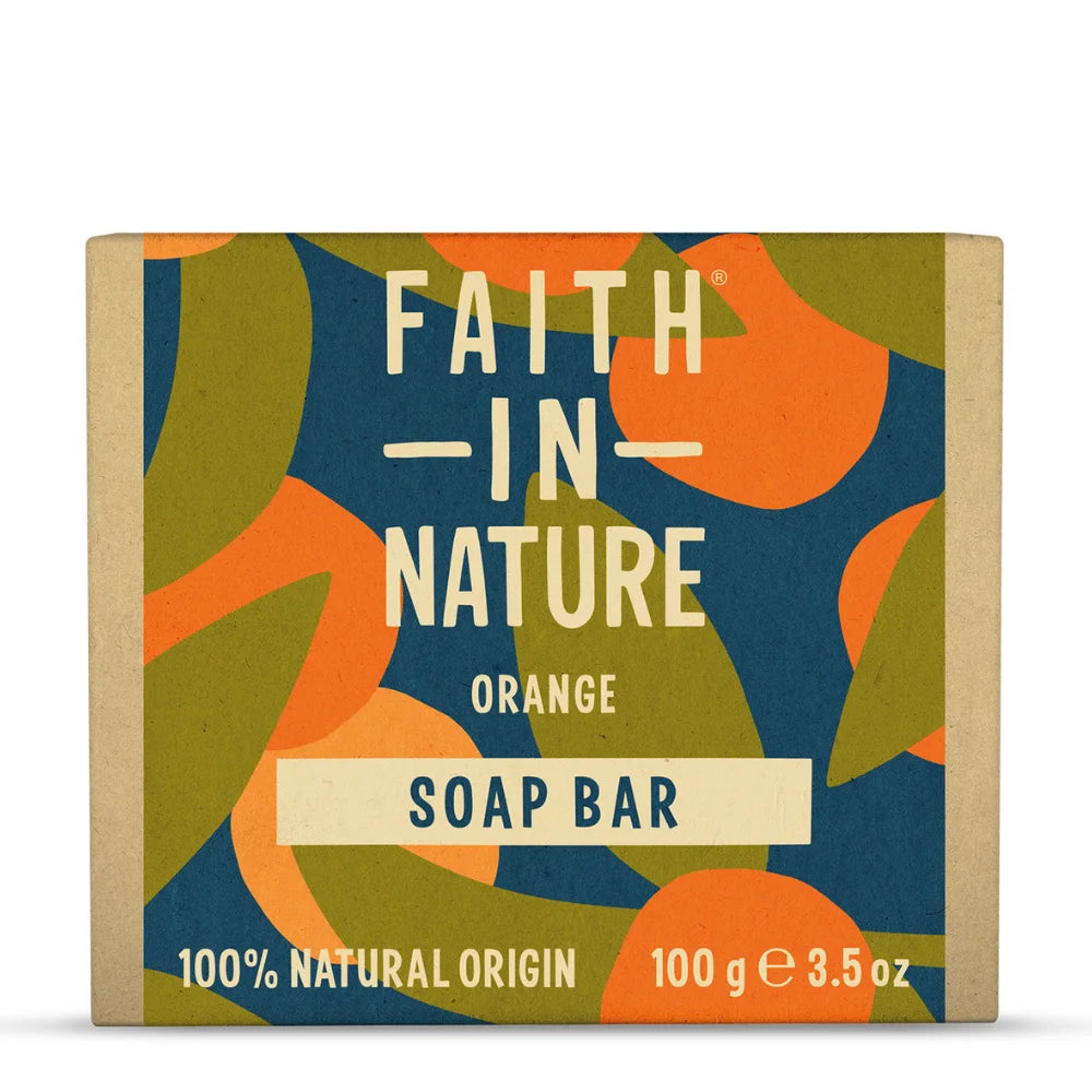 Soap bar packaging with 'Faith in Nature' branding and orange design elements on a white background.