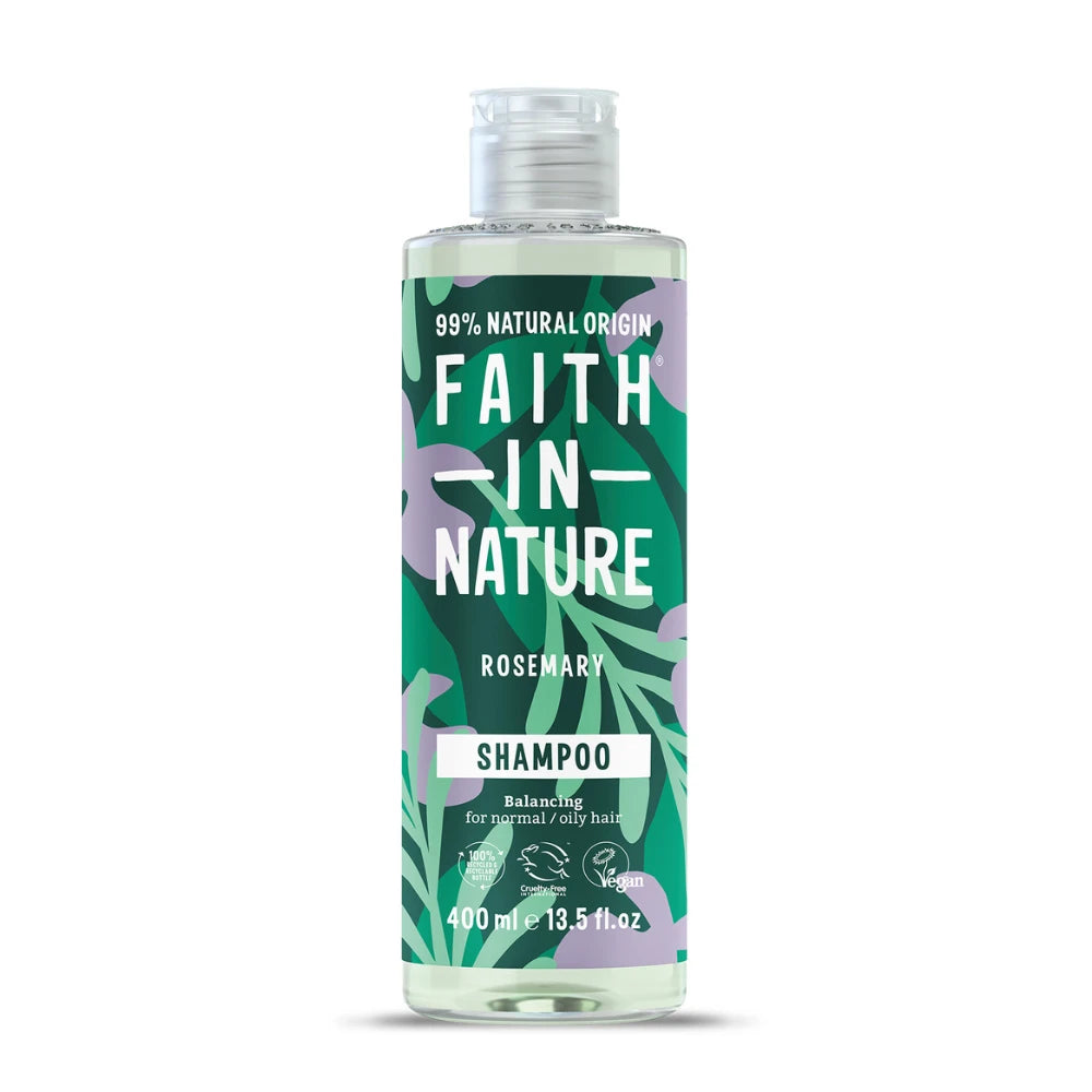 Bottle of Faith in Nature Rosemary Shampoo on a white background