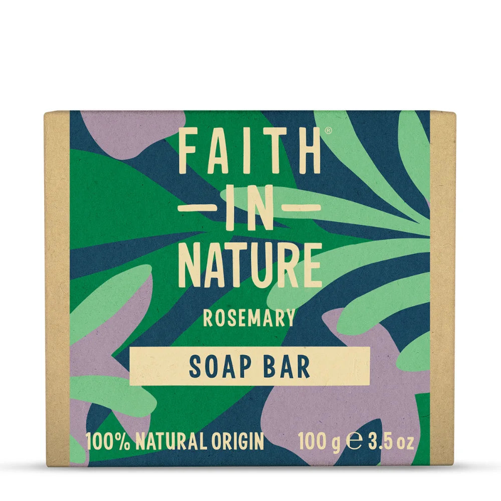 Soap bar packaging with 'Faith in Nature' branding and leaf design