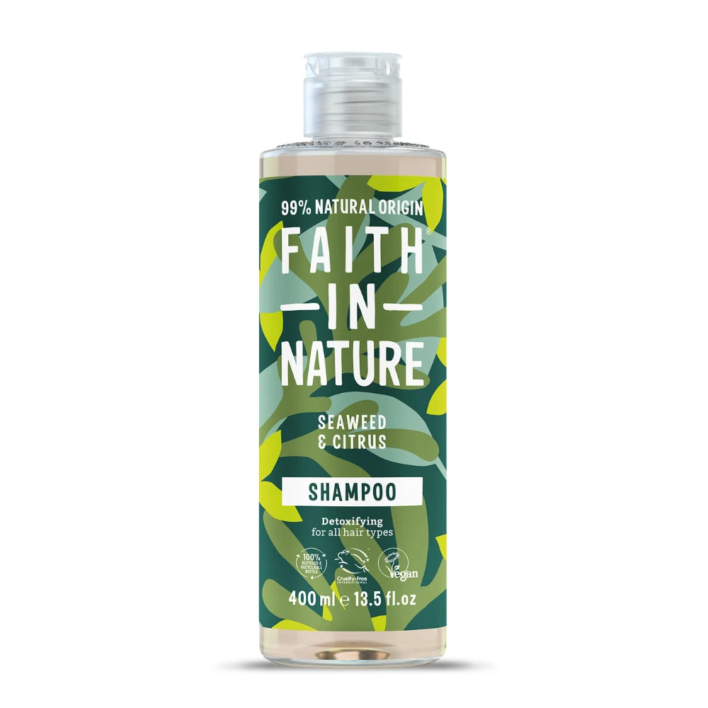 Bottle of Faith in Nature Seaweed & Citrus Shampoo on a white background