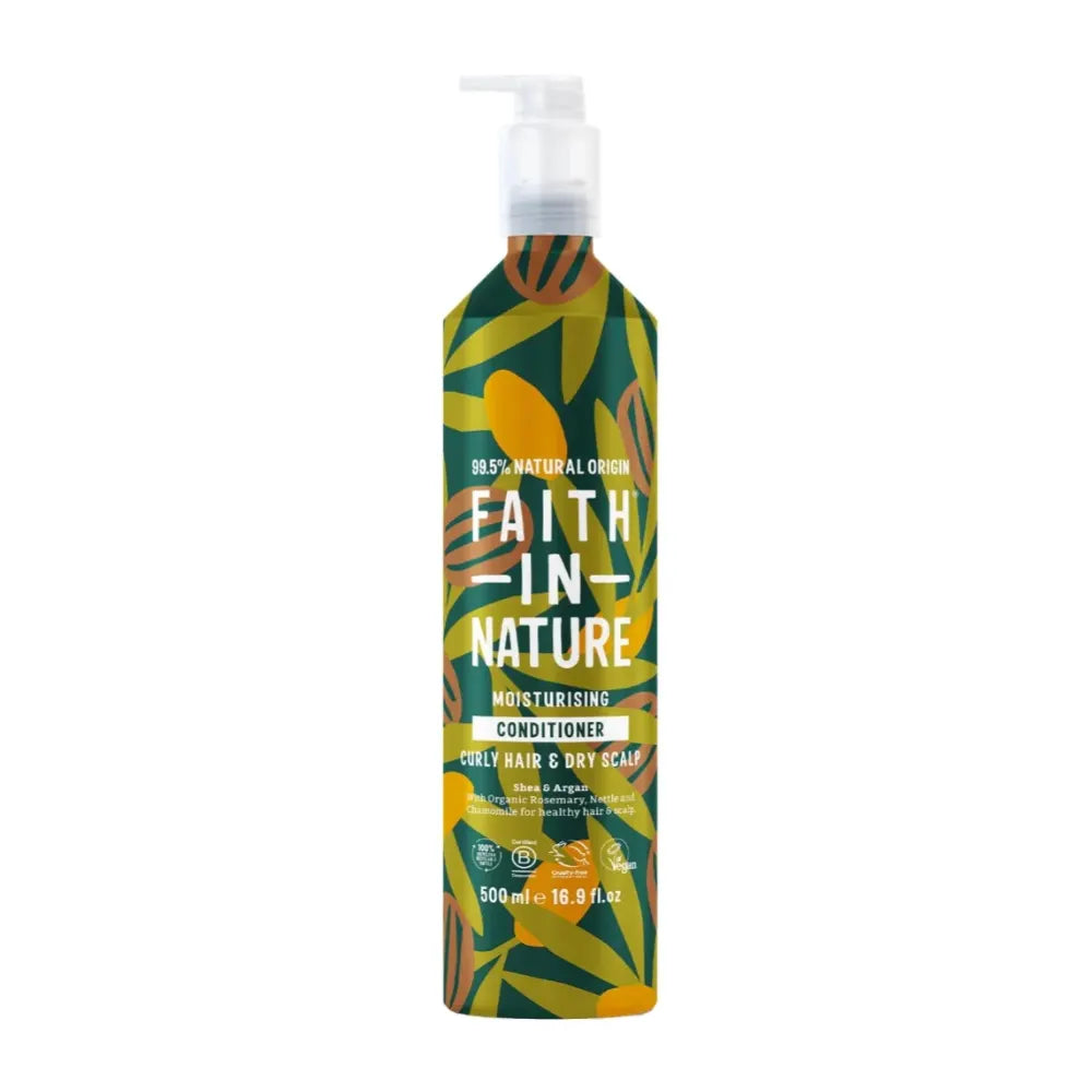 Bottle of Faith in Nature moisturizing conditioner with leaf design on a white background