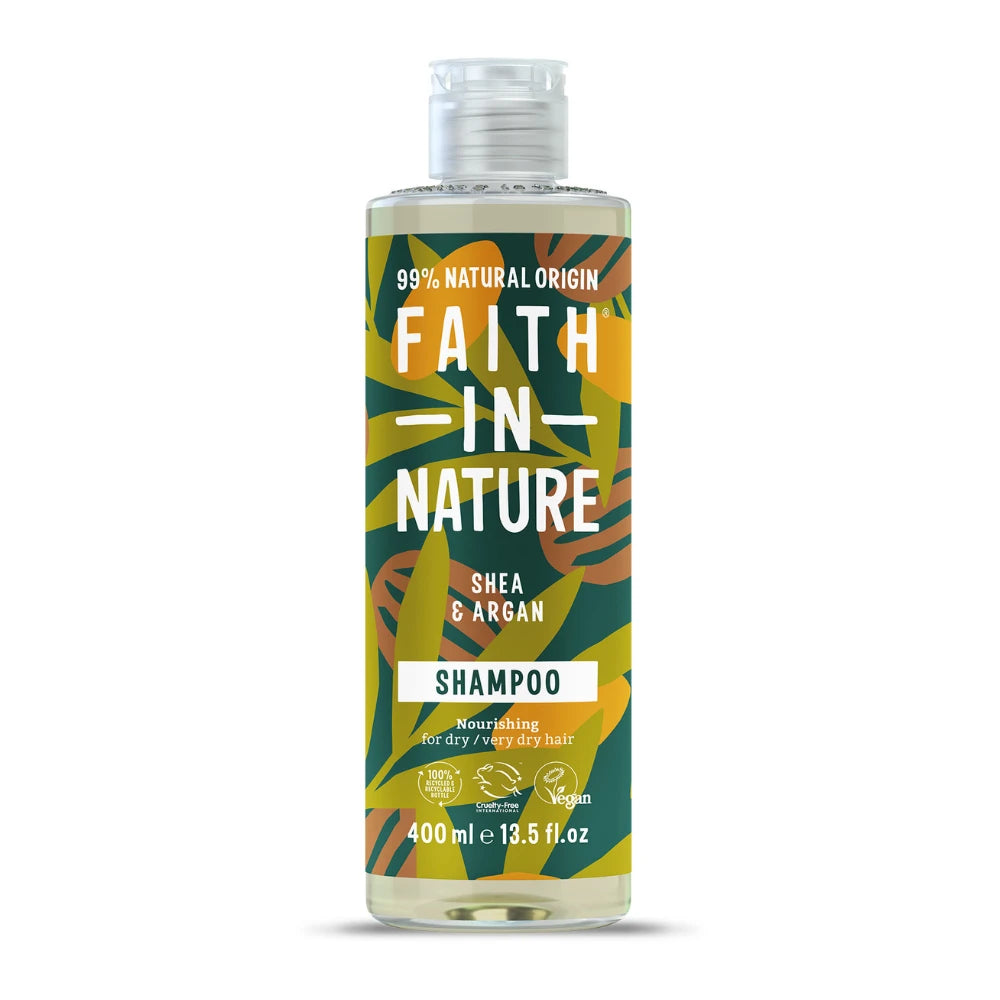 Bottle of Faith in Nature shampoo with a colorful label on a white background