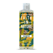 Bottle of Faith in Nature shampoo with a colorful label on a white background