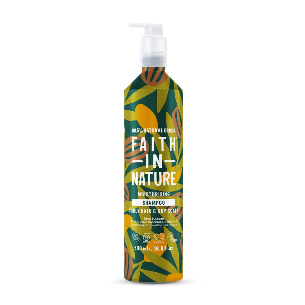 Shampoo bottle with colorful leaf pattern and 'Faith in Nature' branding on a white background
