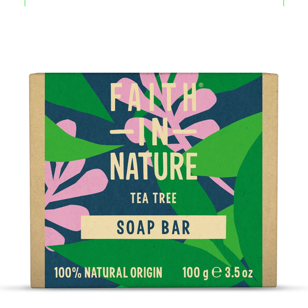 Soap bar packaging with 'Faith in Nature' branding and leaf design on a white background