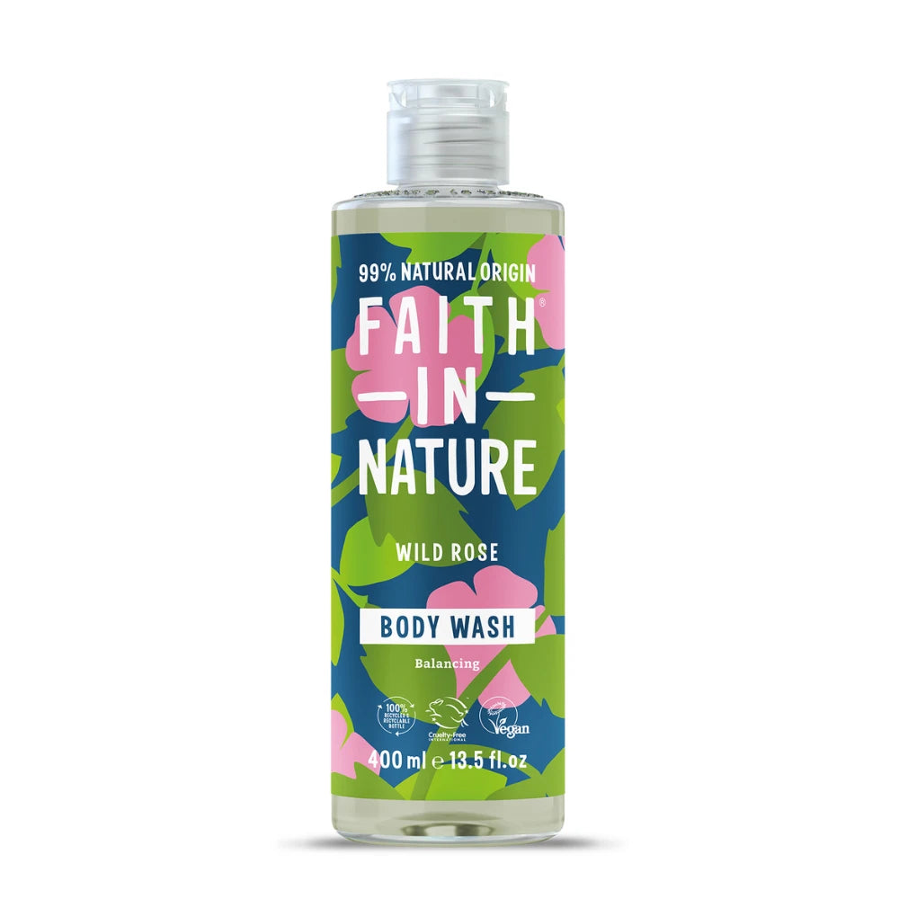 Bottle of Faith in Nature Wild Rose Body Wash on a white background