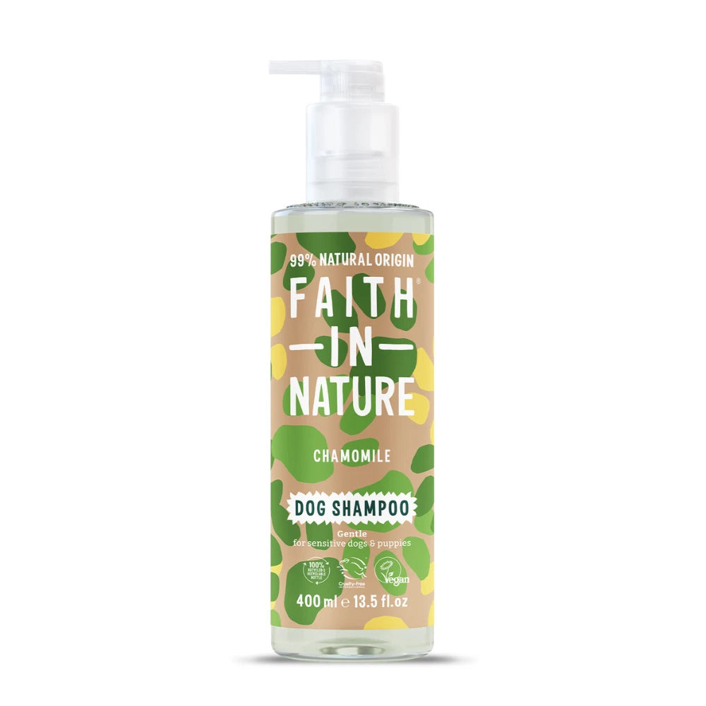 Bottle of Faith in Nature Chamomile Dog Shampoo on a white background