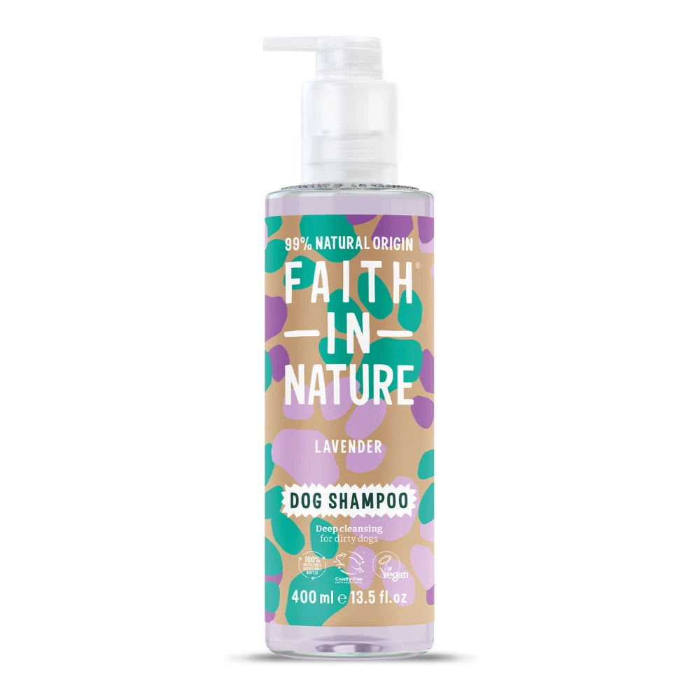 Bottle of Faith in Nature lavender dog shampoo on a white background