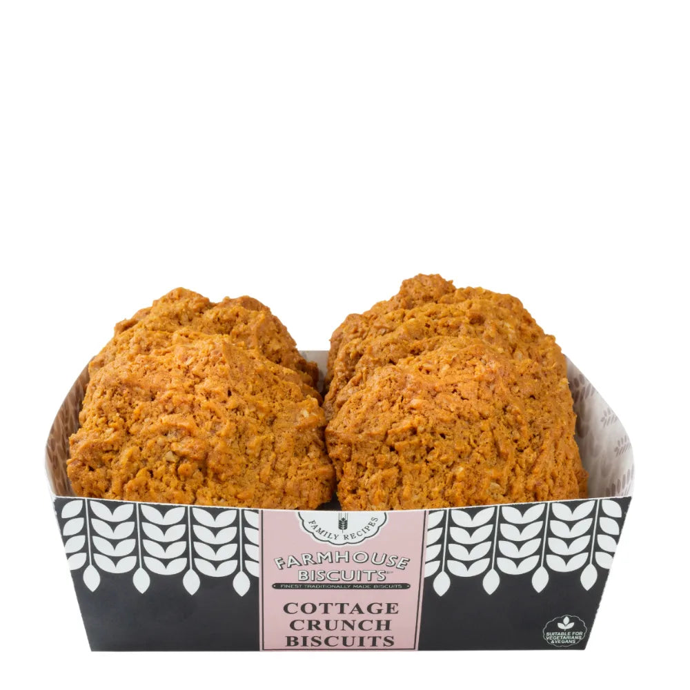 Two cottage crunch biscuits in a packaging box on a white background