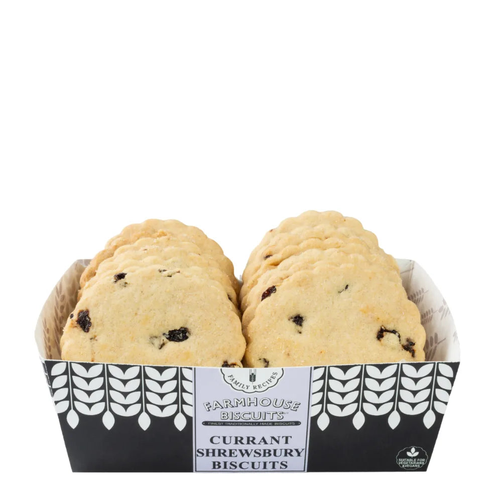 Box of Currant Shrewsbury Biscuits with a decorative label on a white background