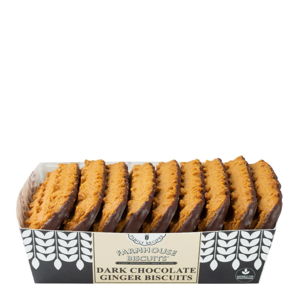 Box of dark chocolate ginger biscuits on a white background