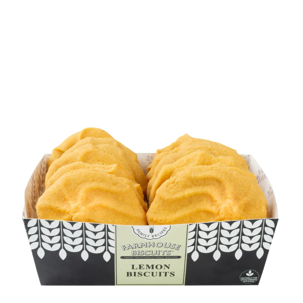 Box of lemon biscuits with a decorative label on a white background