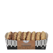 Box of Farmhouse Biscuits with milk chocolate oat flip biscuits on a white background