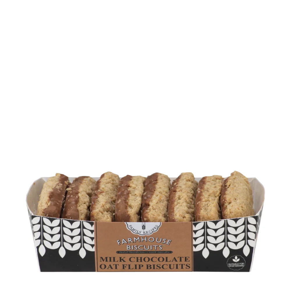 Box of Farmhouse Biscuits with milk chocolate oat flip biscuits on a white background
