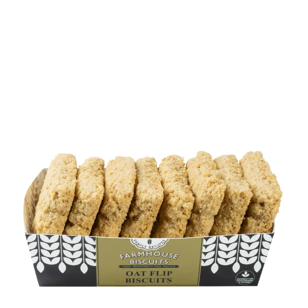 Box of Farmhouse Biscuits with oat flavor on a white background