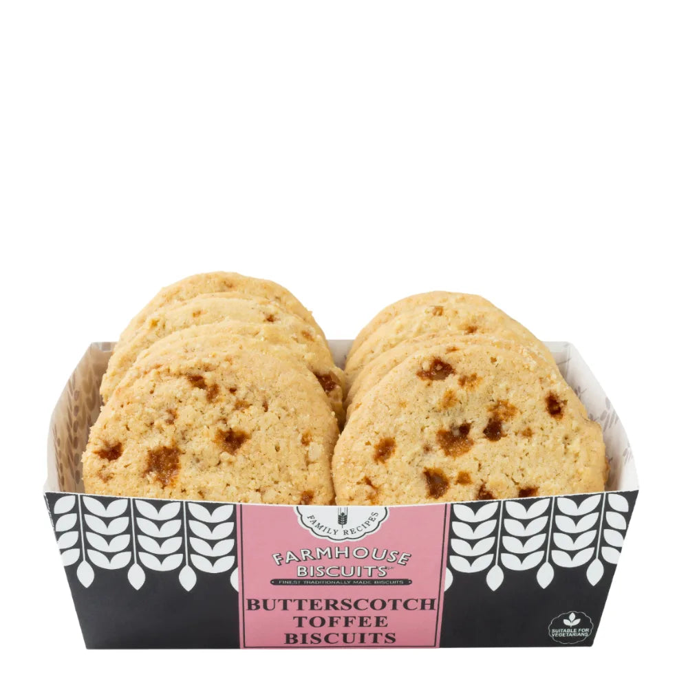 Box of butterscotch toffee biscuits with a pink label on a white background