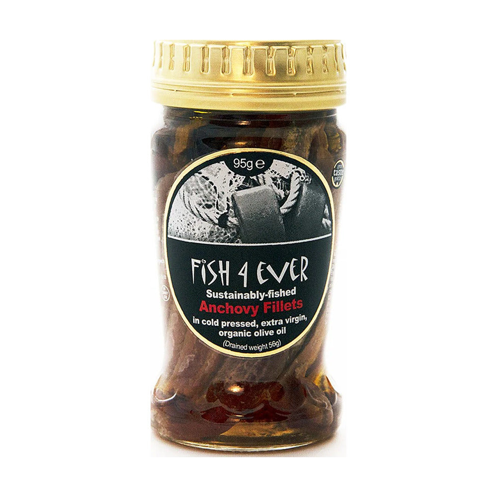 Jar of 'Fish 4 Ever' anchovy fillets on a white background