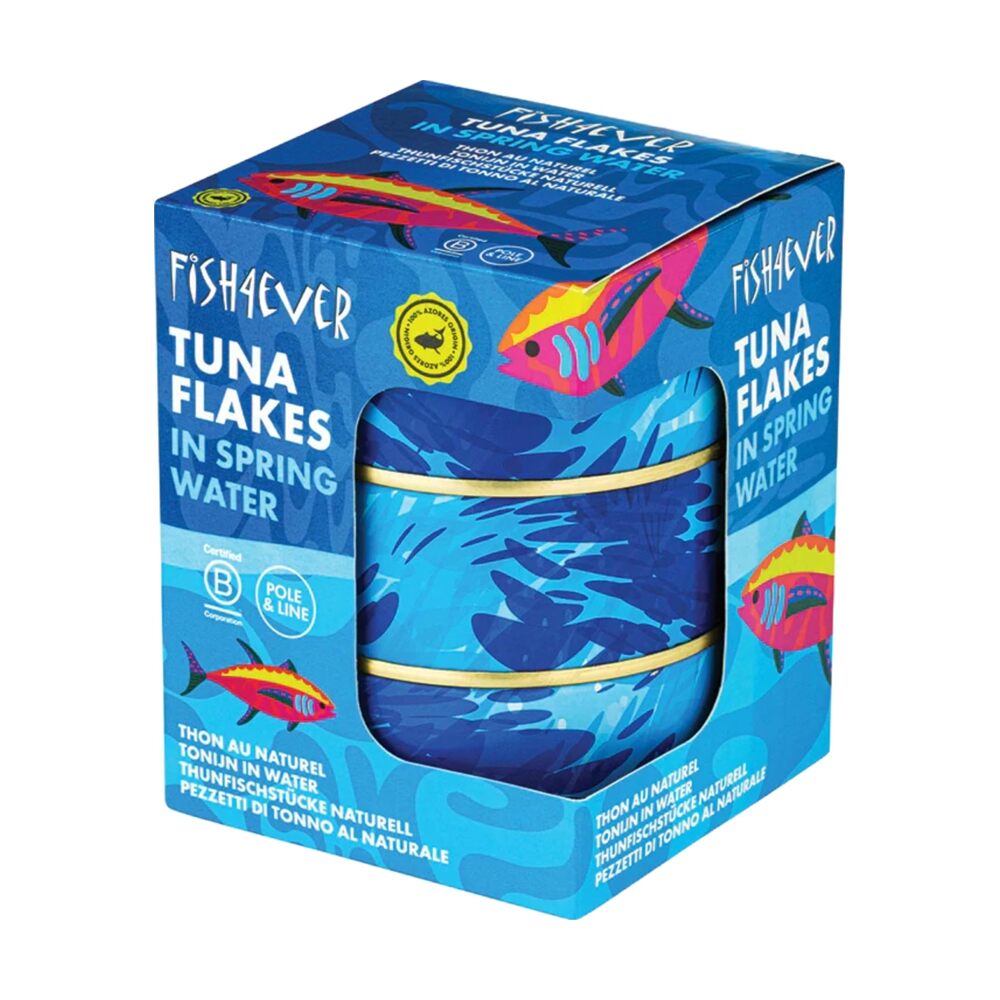 Box of Fish4ever Tuna Flakes in Spring Water with blue design and fish illustrations.