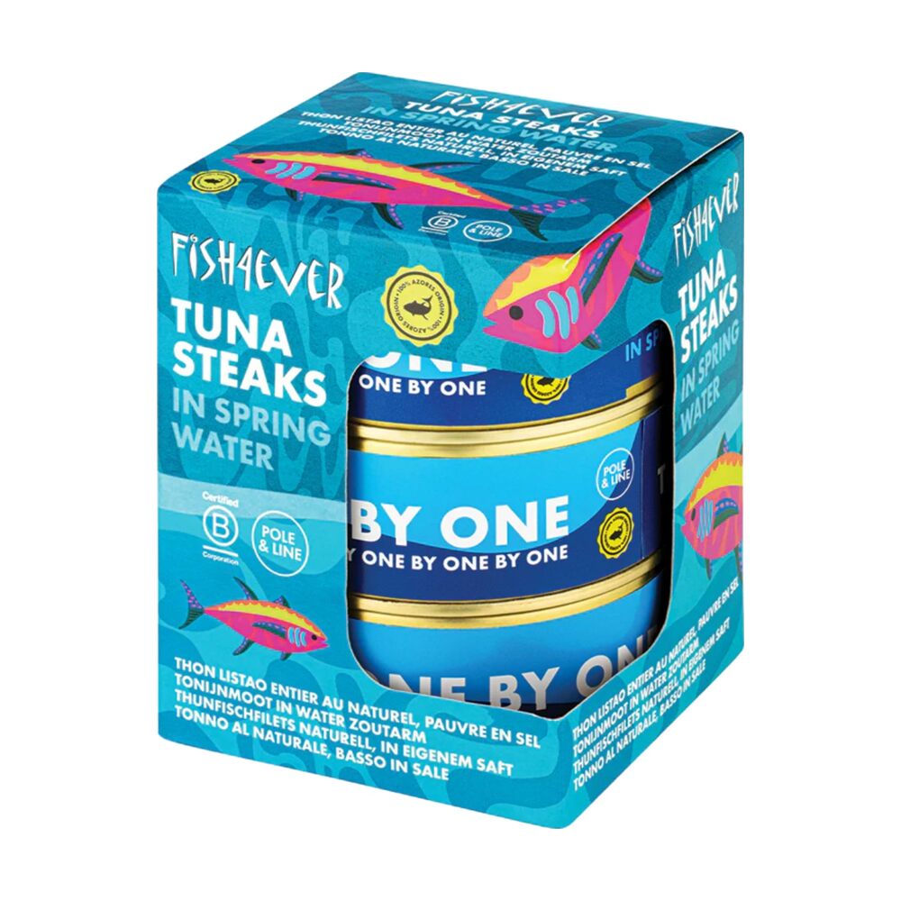 Box of Fishaever tuna steaks in spring water with blue and gold design.