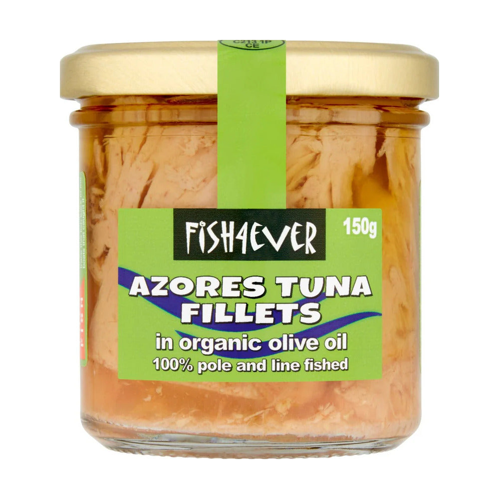 Jar of Fishaever Azores Tuna Fillets with a green label on a white background