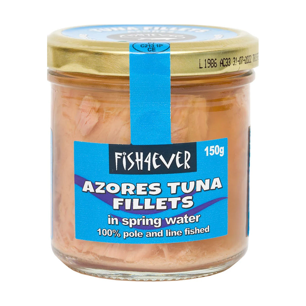 Jar of Azores Tuna Fillets with blue label on a white background
