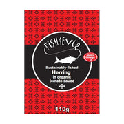 Fishaever herring in organic tomato sauce packaging with red and black design