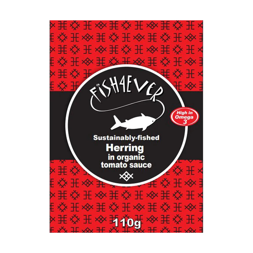 Fishaever herring in organic tomato sauce packaging with red and black design