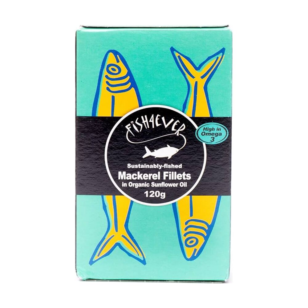 Box of Fish4ever mackerel fillets on a white background