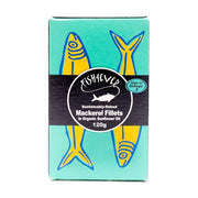 Box of Fish4ever mackerel fillets on a white background