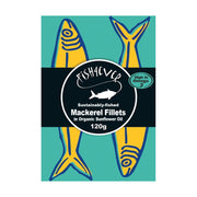 Fishaever mackerel fillets packaging with fish illustrations on a teal background