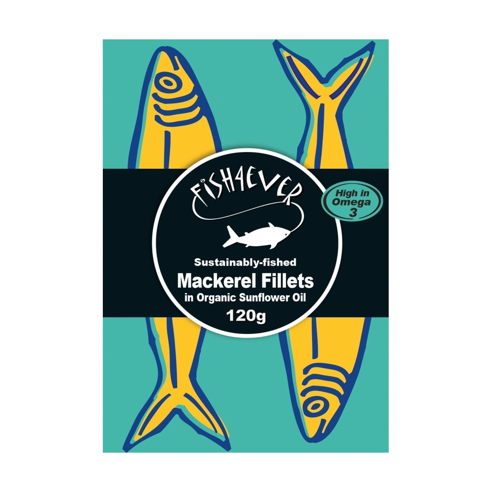Fishaever mackerel fillets packaging with fish illustrations on a teal background