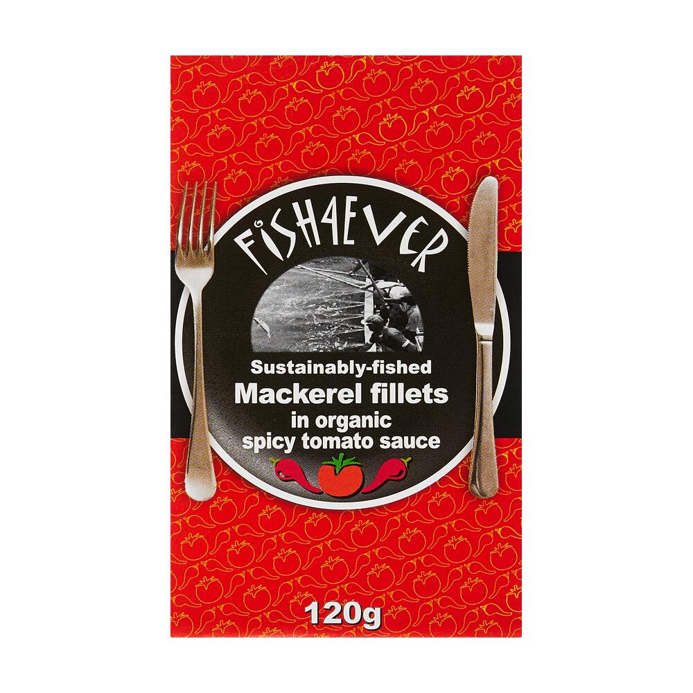 Packaging of Fishever mackerel fillets with a red background and cutlery illustration.