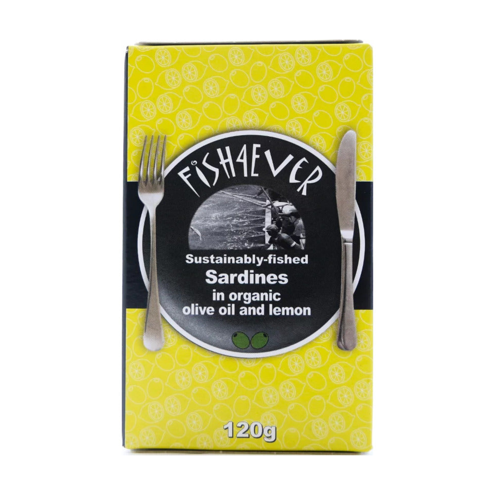 Packaging of Fisheaver sardines in organic olive oil and lemon on a white background