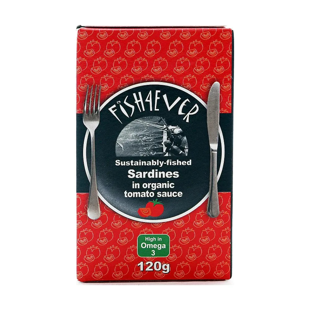 Fishaever sardine packaging with red background and fishaever logo.
