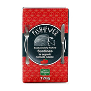 Fishaever sardine packaging with red background and fishaever logo.