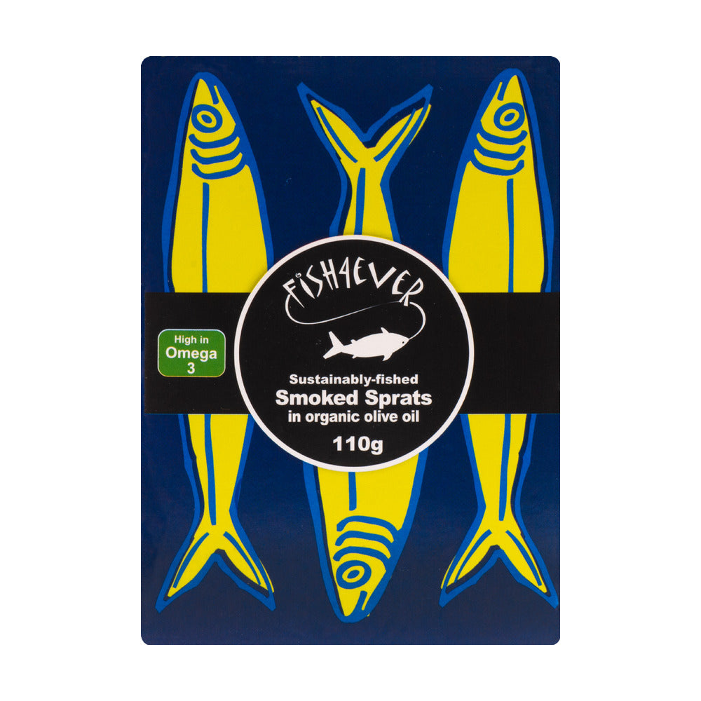 Packaging of Fish4Ever smoked sprats with blue and yellow design on a white background