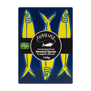 Packaging of Fish4Ever smoked sprats with blue and yellow design on a white background