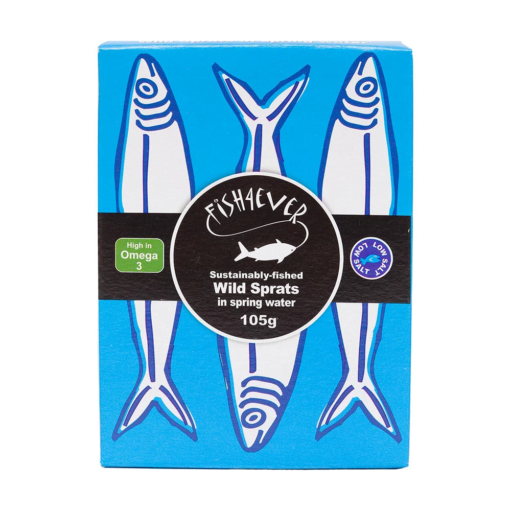 Packaging of sustainably-fished wild sprats with 'Fish4Ever' branding on a blue background.