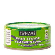 Can of Fishaever Fair Trade Yellowfin Tuna in organic olive oil on a white background