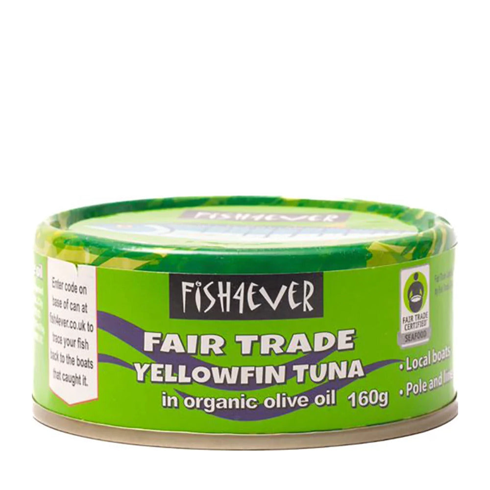 Can of Fishaever Fair Trade Yellowfin Tuna in organic olive oil on a white background