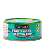 Can of Fish4ever Fair Trade Yellowfin Tuna in water on a white background