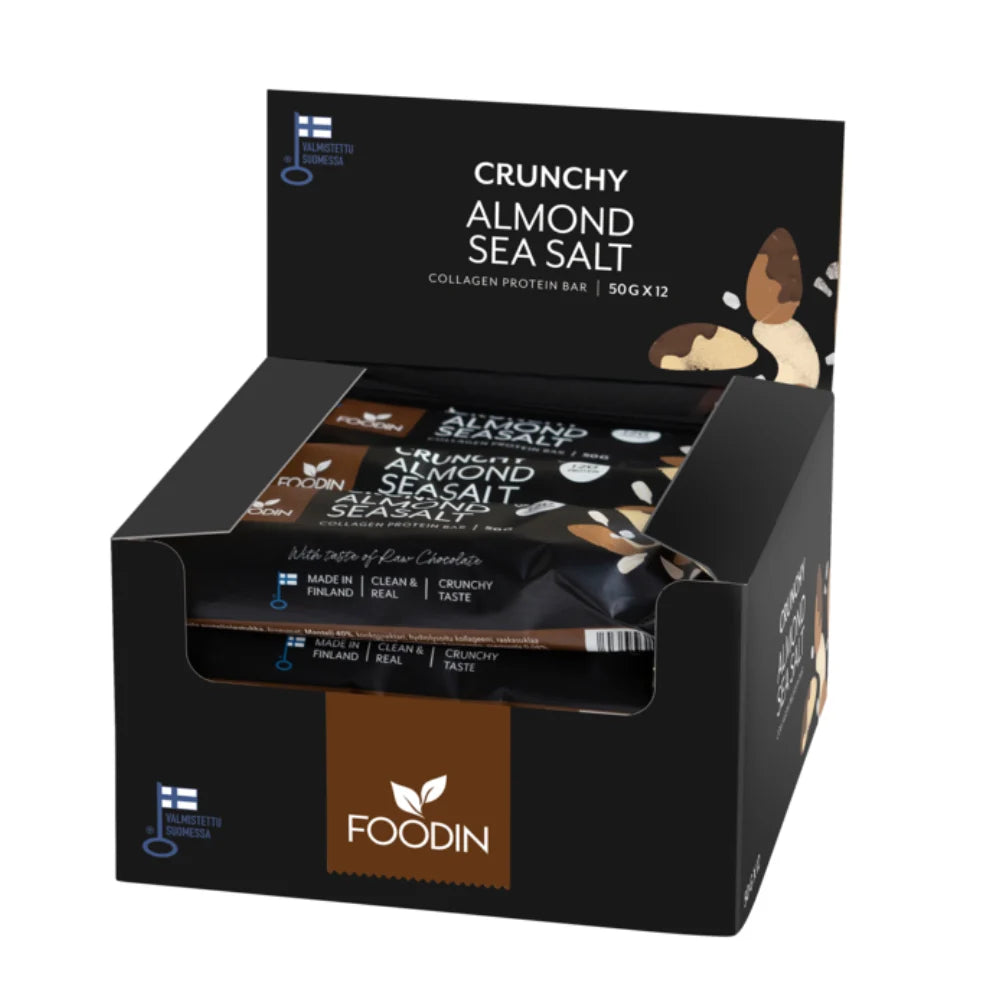 Box of Crunchy Almond Sea Salt collagen protein bars by FOODIN on a white background