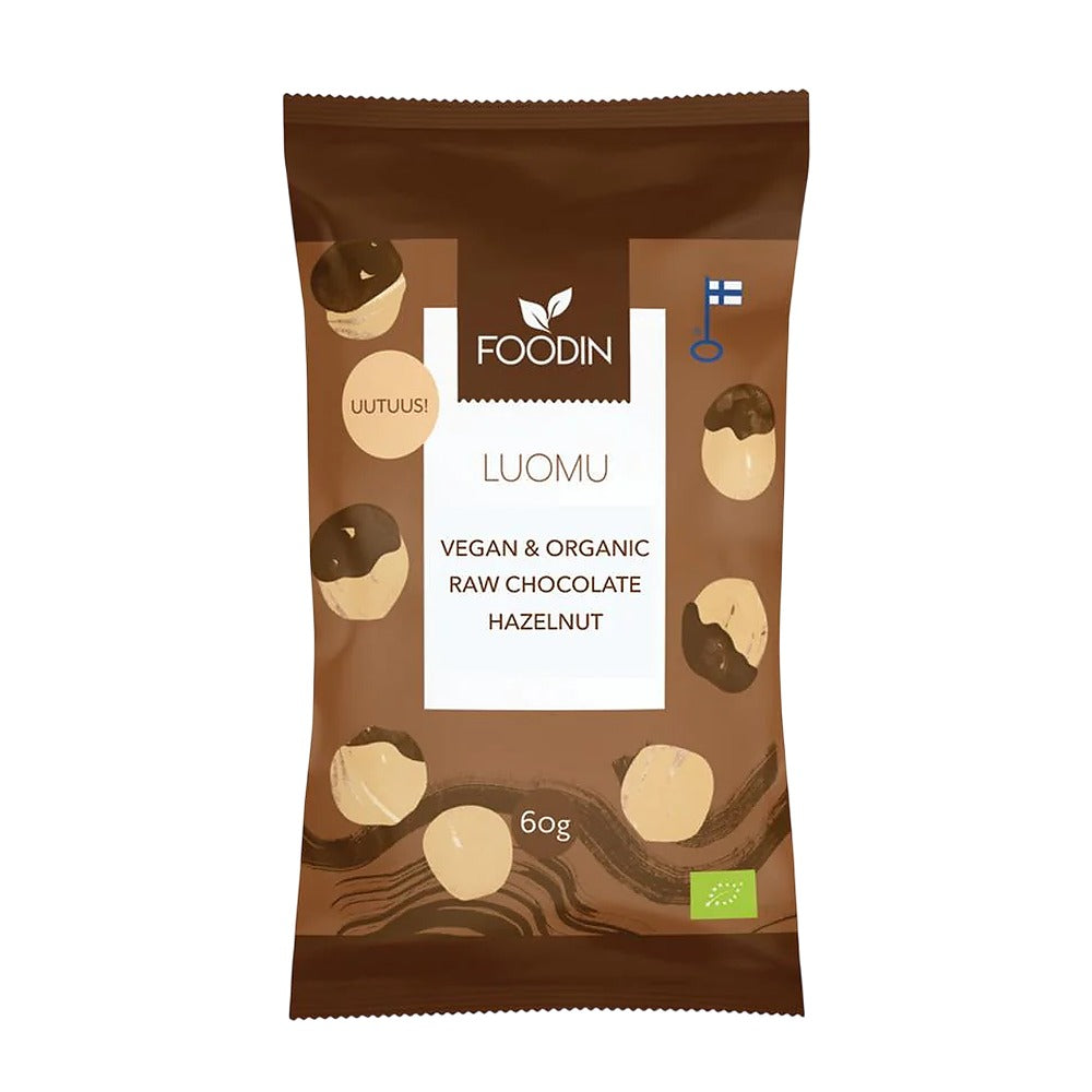 Vegan and organic raw chocolate hazelnut package by FOODIN on a white background