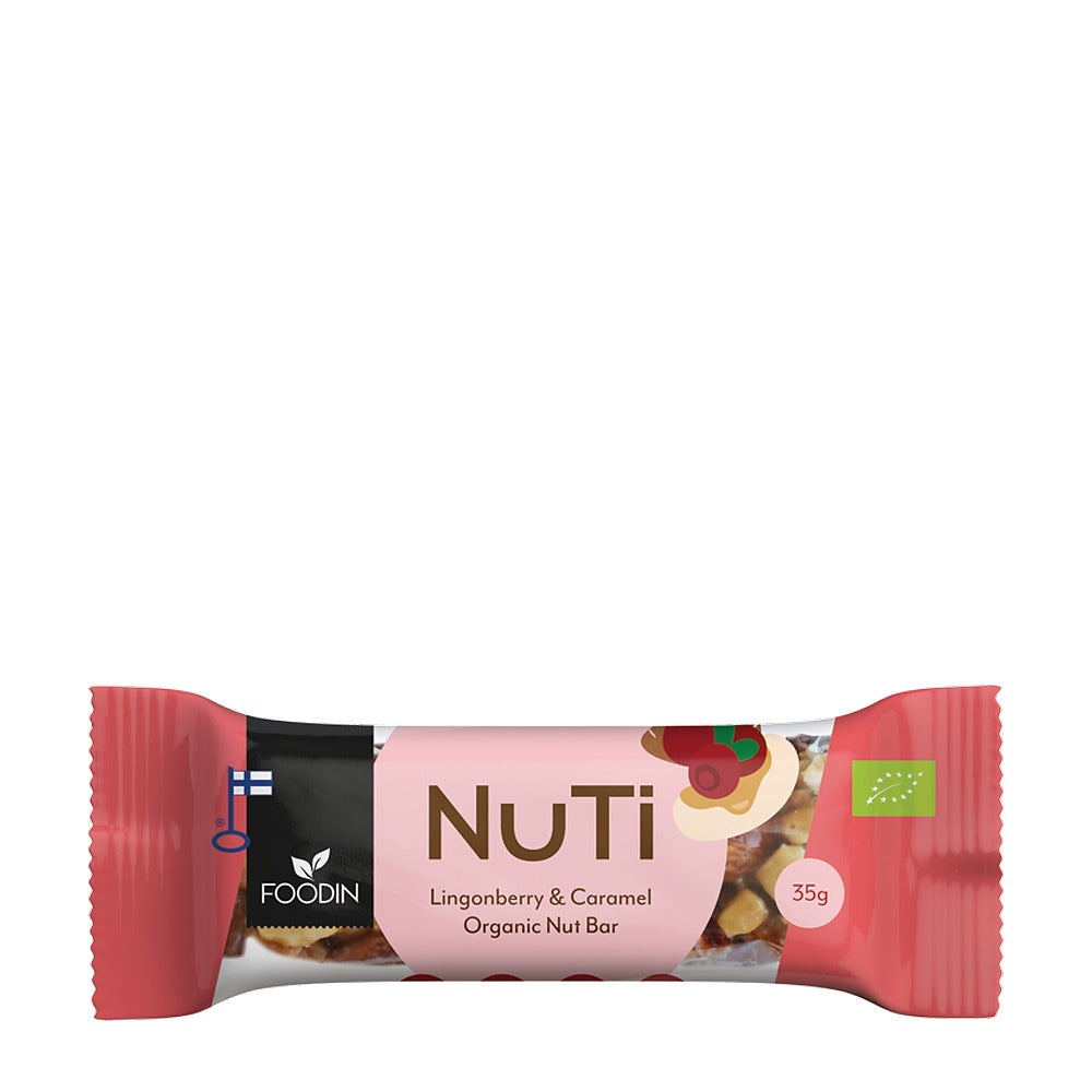 Nutri lingonberry & caramel organic nut bar packaging on a white background