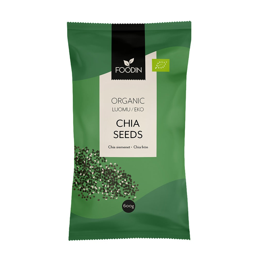 Packaging of FOODIN organic chia seeds on a white background